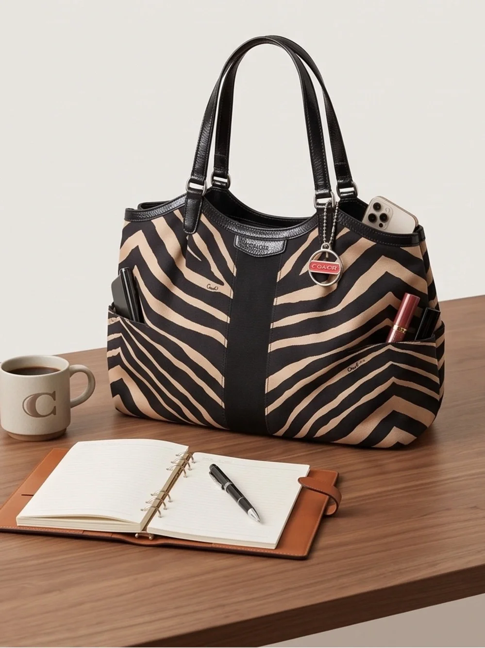 Coach Black and Cream Zebra-Print Devin Patent Leather Shoulder Tote